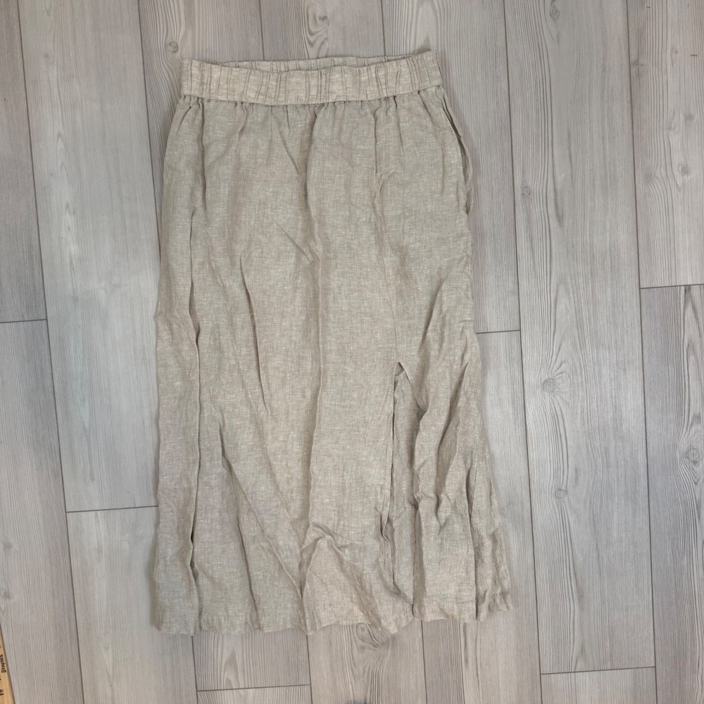Quince 100% European Linen Maxi Skirt Flax Beige Elastic Waist Pockets Size L